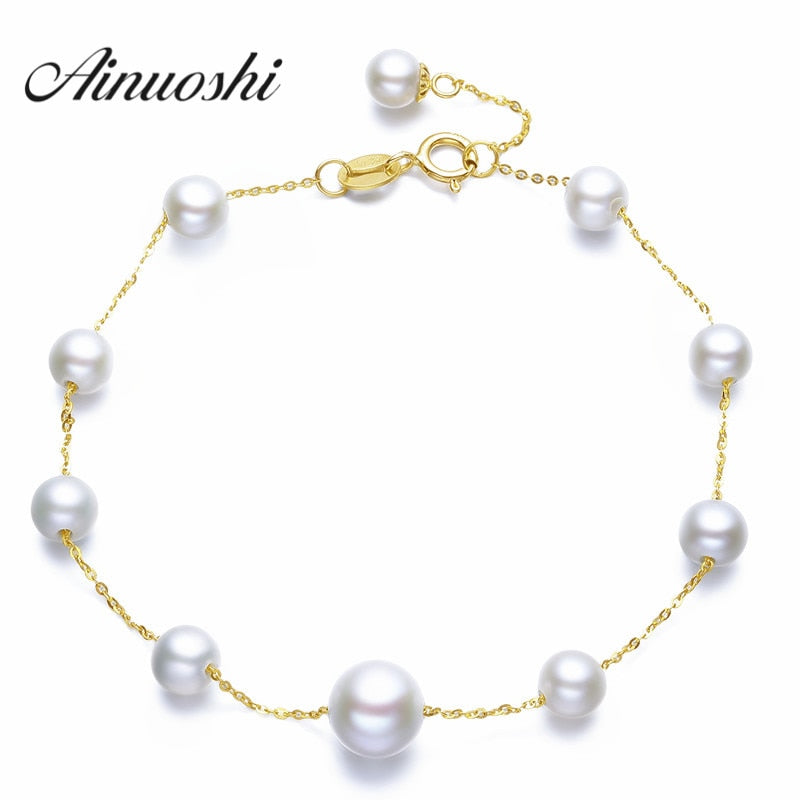 18K Yellow Gold Natural Cultured Pearl Charm Bracelet Bangles Wedding Jewelry Women Gold Chain Link Bracelet