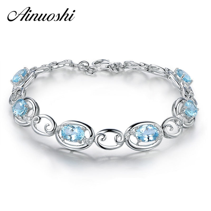 6pcs Sky Blue Topaz Oval Gemstone jewelry Strand Bracelets & Bangles Real 925 Silver Fine Jewelry for Women Wedding