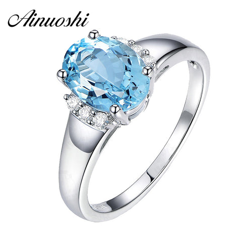 Classic 4 Prongs 925 Sterling Silver Solitaire Ring Light Blue Natural Topaz 3 Carats Oval Cut Engagement Ring Jewely