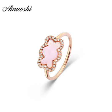 Genuine 18K Rose Gold Lovely Bear Ring Natural Pink Onyx Ring Real Diamond Ring Fashion Female Jewelry Gift