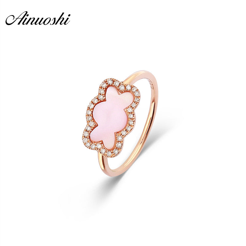 Genuine 18K Rose Gold Lovely Bear Ring Natural Pink Onyx Ring Real Diamond Ring Fashion Female Jewelry Gift