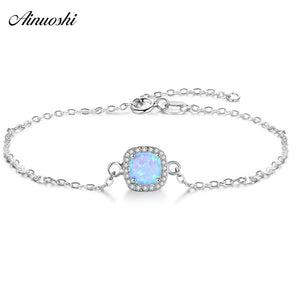 Genuine 925 Silver Square Halo Bracelet Princess Cut Blue Fire Opal Chain Link Bracelet Jewelry Fashion Gift For Woman
