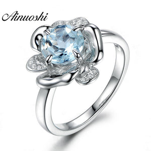 Pure925 Sterling Silver Natural Blue Topaz Ring 1.5 ct Round Cut Topaz Flower Ring Fine Engagement Jewelry for Woman