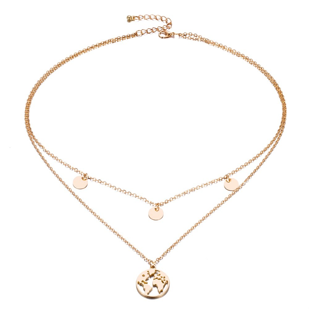 World Map Pendant Necklace for Women Silver Gold Metal Dainty Globe Earth Layered Necklace Globetrotter Collares