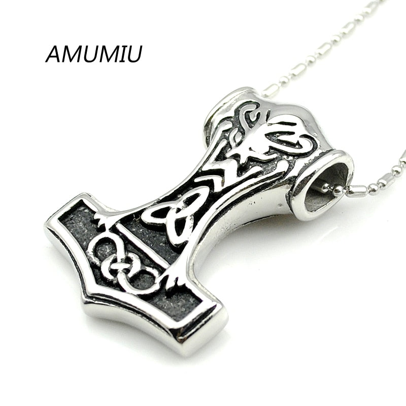 Fashion Thors Hammer Celtic Knot Myth Mjolnir Stainless Steel Pendant with Chain Necklace Punk Rock Music HZP072B