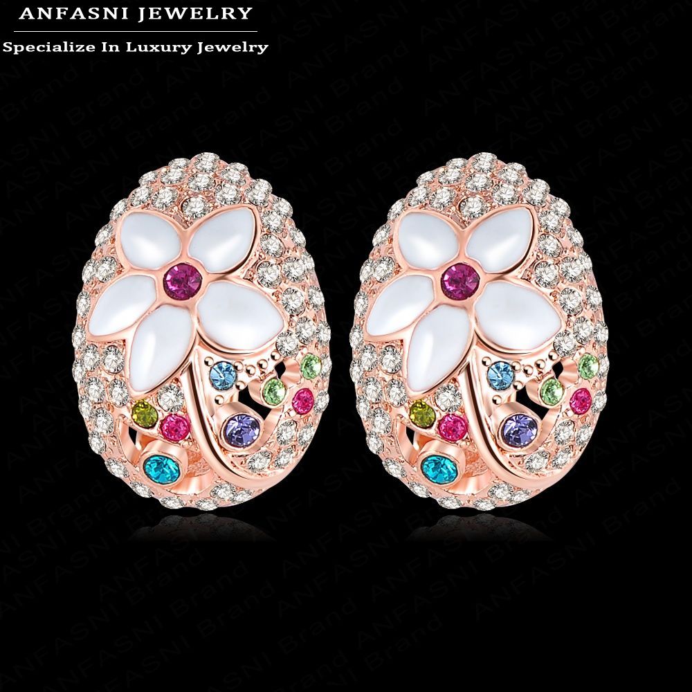 Noble Single Fashion Earrings Jewelry Rose Golden Color Genuine SWA Stellux Austrian Crystal Enamel Flower Earrings