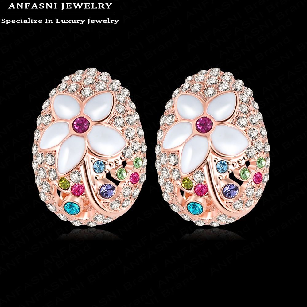 Noble Single Fashion Earrings Jewelry Rose Golden Color Genuine SWA Stellux Austrian Crystal Enamel Flower Earrings