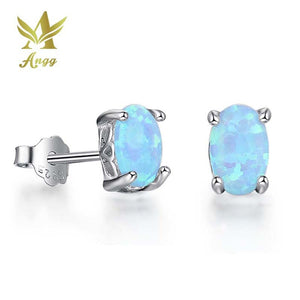 Geniune 925 Sterling Silver Classic 6mm Oval Cut Created Blue Opal Earrings Jewelry Women Stud Earrings