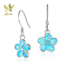Geniune 925 Sterling Silver Costume Jewelery Drop Earrings With Blue Opal Stone Silver flowers Earrings For Women