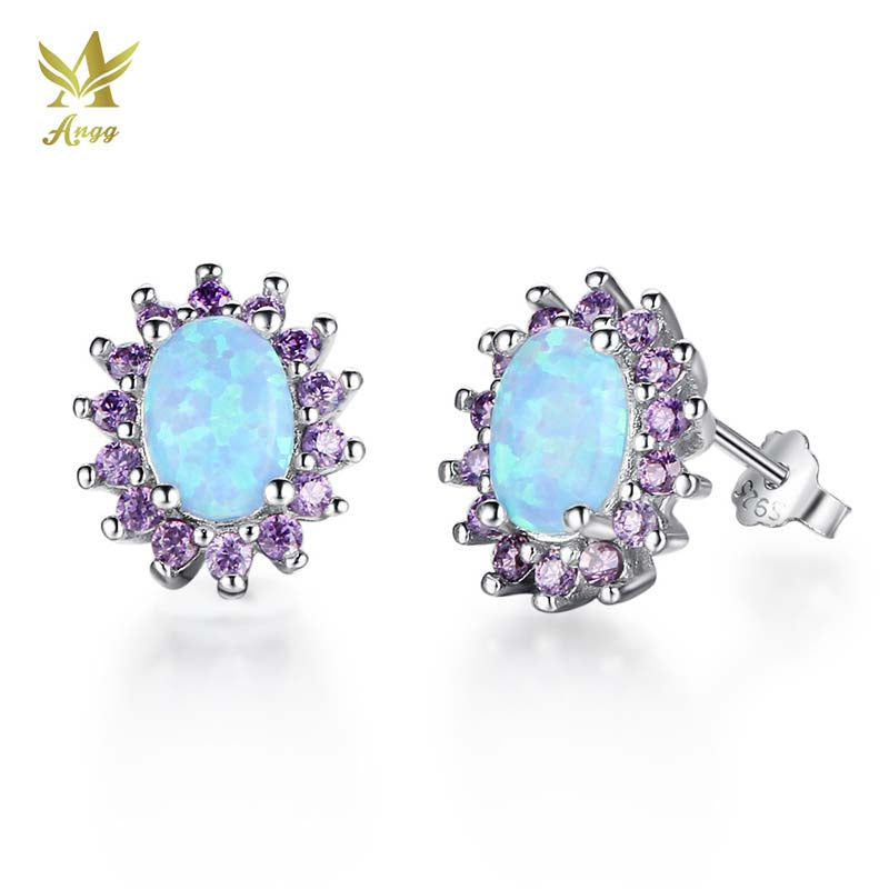Geniune 925 Sterling Silver Oval Blue Opal Earrings Zirconia Stud Earrings For Women Fine Jewelry Birthd Gift