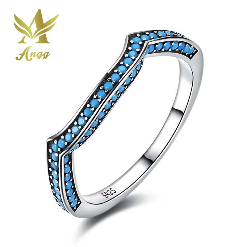 Real 925 Sterling Silver Ring With Geometric blue Stone Engagement / Wedding Birthd Gift Jewelry For Women