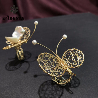 ANI 14K Roll Gold Handmade Women Ring White Pearl bijoux perlas naturales Ring Butterfly Shape anillos de oro Custom