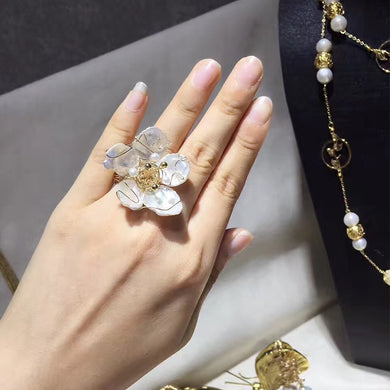 ANI 14K Roll Yellow Gold Engagement Women Ring Natural Pearl Jewelry Handmade Design anello donna Flower Shape Bijoux