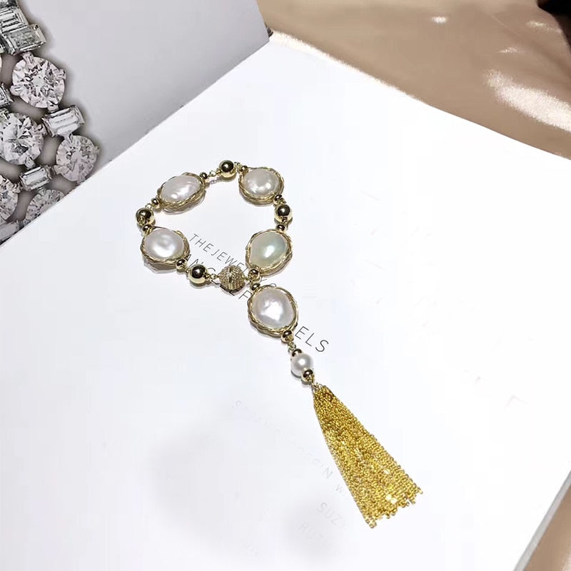ANI 14K Roll Yellow Gold Pearl Bracelet Natural Baroque Shaped Pearl Jewelry Fashion White Pearl Bracelet for Women