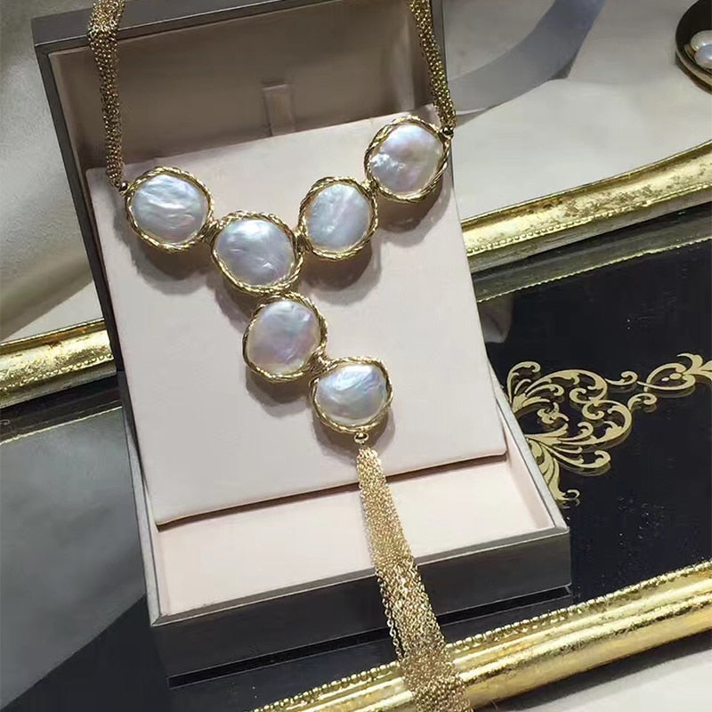 ANI 14K Roll Yellow Gold Pearl Necklace Natural Baroque Shape Pearl Fine Jewelry Handmade Hyperbole Women Necklace