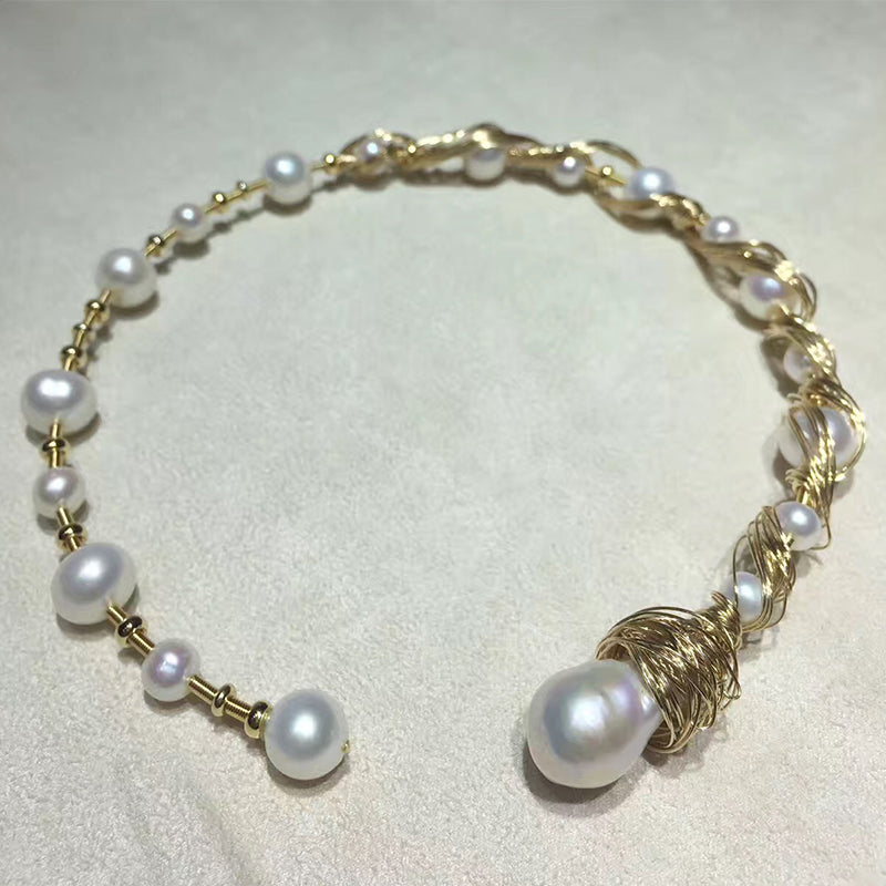 ANI 14K Roll Yellow Gold Pearl Necklace Natural Baroque Shape Pearl Fine Jewelry Handmade Women Engagement Necklace