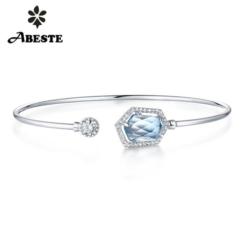 ANI 14K Yellow/White Gold Women Color Gemstone Bangle Natural Rose Quartz/Sky Blue Topaz Female Engagement Bracelet Fine Jewelry