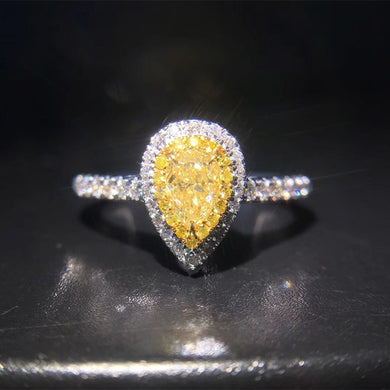 ANI 18K White Gold (AU750) Women Wedding Ring Certified SI 0.27 Carat Pear Cut Real Yellow Diamond Luxury Halo Ring Fine Jewelry