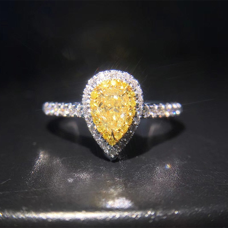 ANI 18K White Gold (AU750) Women Wedding Ring Certified SI 0.27 Carat Pear Cut Real Yellow Diamond Luxury Halo Ring Fine Jewelry