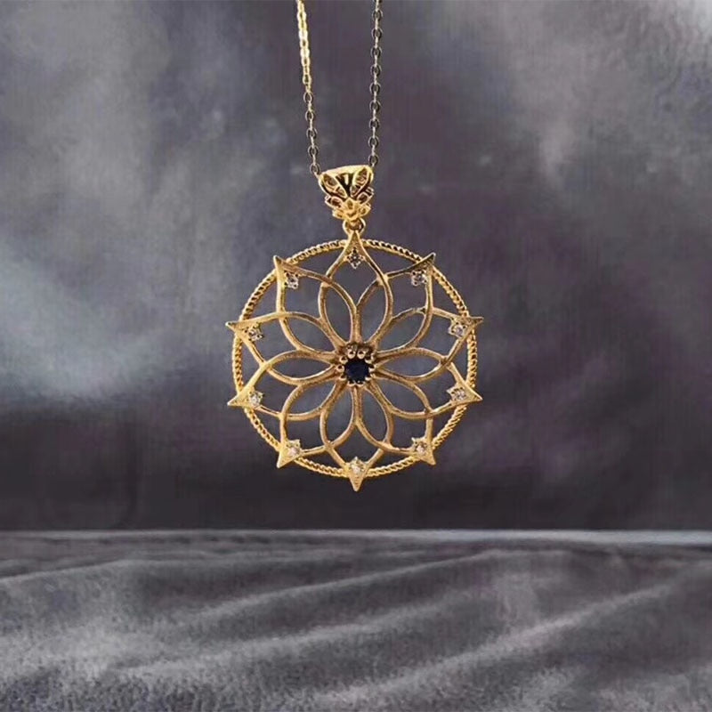 ANI 18K Yellow Gold Pendant Necklace Blue Sapphire Real Natural Diamond Fine Gemstone Jewelry Women Engagement Necklace Gift