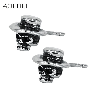 Hat Silver Color Skull Earrings Stainless Steel Punk Co Men Earrings Biker Ear Studs For Men Women Pendientes Hombre