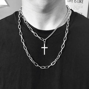 2020 Personality Hip Hop Multilayer Necklace Metal Cross Pendant Silver Color Chain Necklace for Women Men Unisex Jewelry