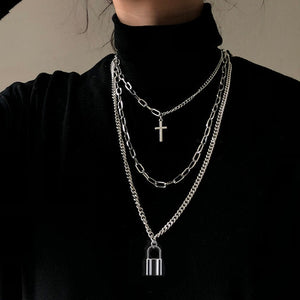 2020 Personality Hip Hop Multilayer Necklace Metal Cross Pendant Silver Color Chain Necklace for Women Men Unisex Jewelry