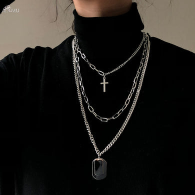 Girl Gift Metal Silver Color Cross Pendants Necklace For Women Men  Jewelry Geometric Rectangle Clavicle Chain Necklace