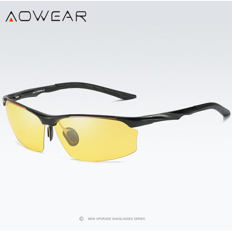 AOWAER Aluminum Rimless Night Vision Glasses Men Polarized Yellow Anti-Glare Night Driving  Sunglasses Car Driver Goggles