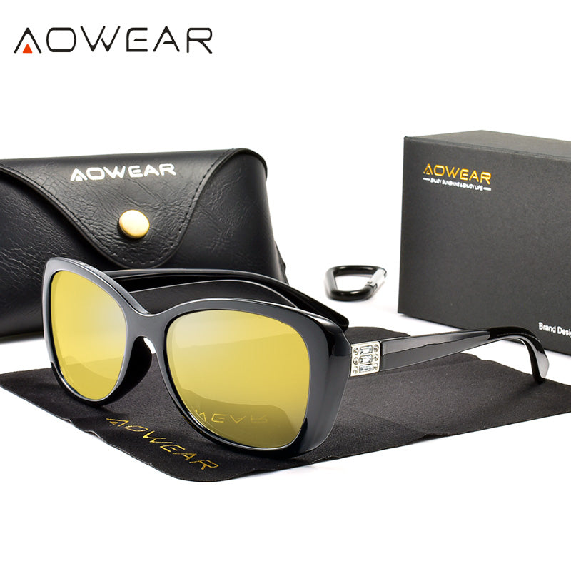 AOWEAR 2023 Clear Fashionable Glasses Women Polarized Party Rhinestone Vintage Sunglasses Ladies Shades Eyewear with Case Oculos