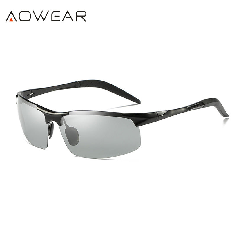 AOWEAR Aluminum Rimless Photochromic Sunglasses Men Polarized Day Night Driving Glasses Chameleon discolor Lens Eyeglass Gafas