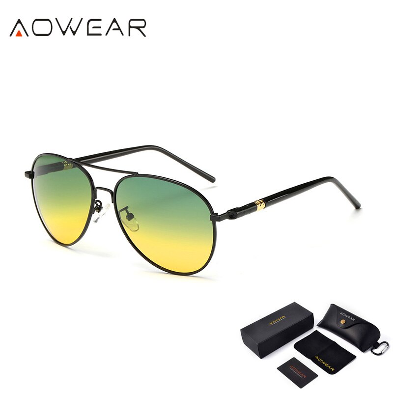 AOWEAR Aviation Day Night Vision Sunglasses Men Polarized Yellow Green Driver Glasses for Day and Night Driving Goggles Sunglass
