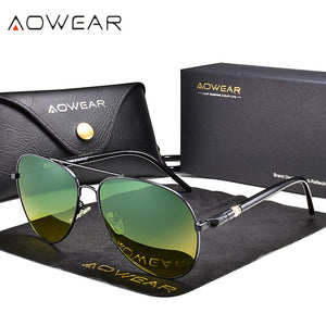 AOWEAR Aviation Day Night Vision Sunglasses Men Polarized Yellow Green Driver Glasses for Day and Night Driving Goggles Sunglass
