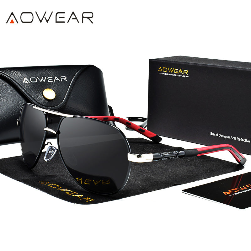 AOWEAR Aviation  Sunglasses Men Polarized Oversized Driving Mirror Glasses Male Brand Designer Retro Eyewear with Case