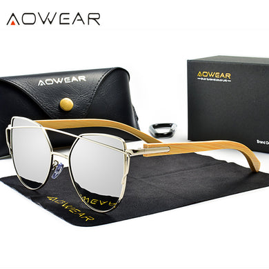 AOWEAR Classic Polarized Cat Eye Mirror Sunglasses for Women Bamboo Temples Vintage Sun Glasses Ladies Shades Sun Glasses Gafas
