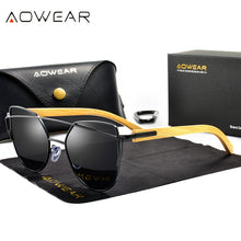 Load image into Gallery viewer, AOWEAR Classic Polarized Cat Eye Mirror Sunglasses for Women Bamboo Temples Vintage Sun Glasses Ladies Shades Sun Glasses Gafas