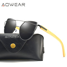 Load image into Gallery viewer, AOWEAR Classic Polarized Cat Eye Mirror Sunglasses for Women Bamboo Temples Vintage Sun Glasses Ladies Shades Sun Glasses Gafas