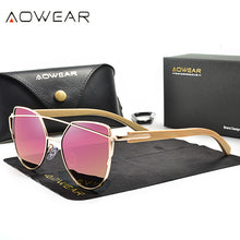 Load image into Gallery viewer, AOWEAR Classic Polarized Cat Eye Mirror Sunglasses for Women Bamboo Temples Vintage Sun Glasses Ladies Shades Sun Glasses Gafas