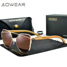 Load image into Gallery viewer, AOWEAR Classic Polarized Cat Eye Mirror Sunglasses for Women Bamboo Temples Vintage Sun Glasses Ladies Shades Sun Glasses Gafas
