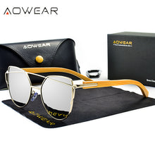 Load image into Gallery viewer, AOWEAR Classic Polarized Cat Eye Mirror Sunglasses for Women Bamboo Temples Vintage Sun Glasses Ladies Shades Sun Glasses Gafas