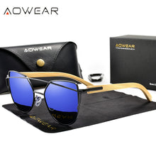 Load image into Gallery viewer, AOWEAR Classic Polarized Cat Eye Mirror Sunglasses for Women Bamboo Temples Vintage Sun Glasses Ladies Shades Sun Glasses Gafas