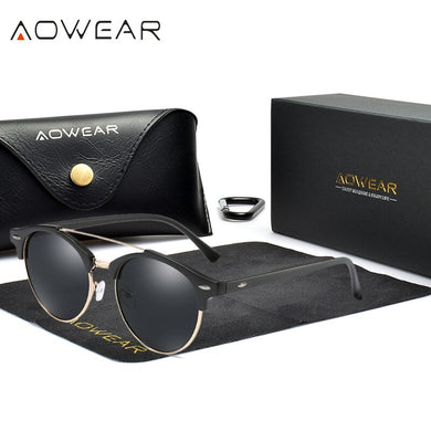 AOWEAR Classic Polarized Vintage Sunglasses Women Brand Designer Round Mirror Sun Glasses Woman Shades Eyewear with Case