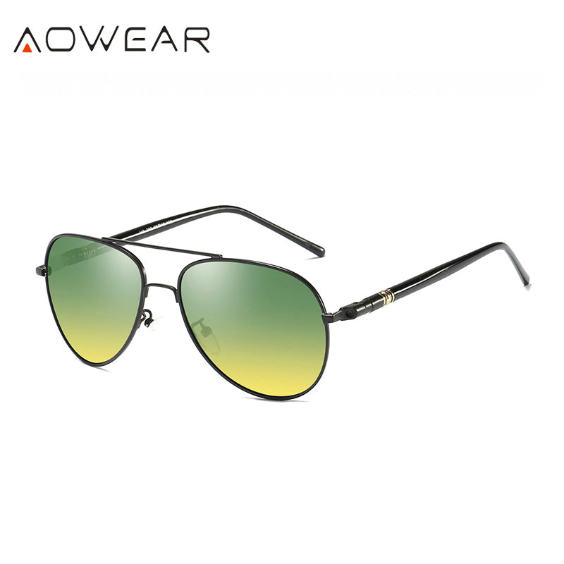 AOWEAR Day and Night Vision Glasses for Driving Goggles Male HD Classic Pilot Yellow Polarized Sunglasses for Men Women Shades
