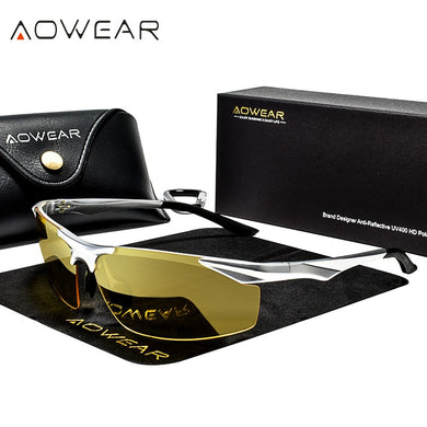 AOWEAR HD Occhiali da guida notturna Occhiali da sole polarizzati per visione notturna da uomo Occhiali da sole in alluminio giallo da uomo per occhiali da conducente 