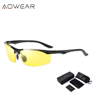 AOWEAR HD Occhiali da guida notturna Occhiali da sole polarizzati per visione notturna da uomo Occhiali da sole in alluminio giallo da uomo per occhiali da conducente 