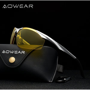 AOWEAR HD Occhiali da guida notturna Occhiali da sole polarizzati per visione notturna da uomo Occhiali da sole in alluminio giallo da uomo per occhiali da conducente 