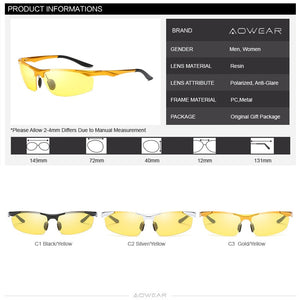 AOWEAR HD Occhiali da guida notturna Occhiali da sole polarizzati per visione notturna da uomo Occhiali da sole in alluminio giallo da uomo per occhiali da conducente 