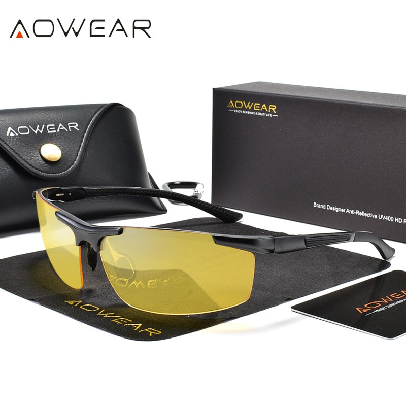 AOWEAR  Polarized Night Vision Glasses Men Yellow Aluminum Rimless Car Driver Goggles Sunglasses Man Driving Eyewear
