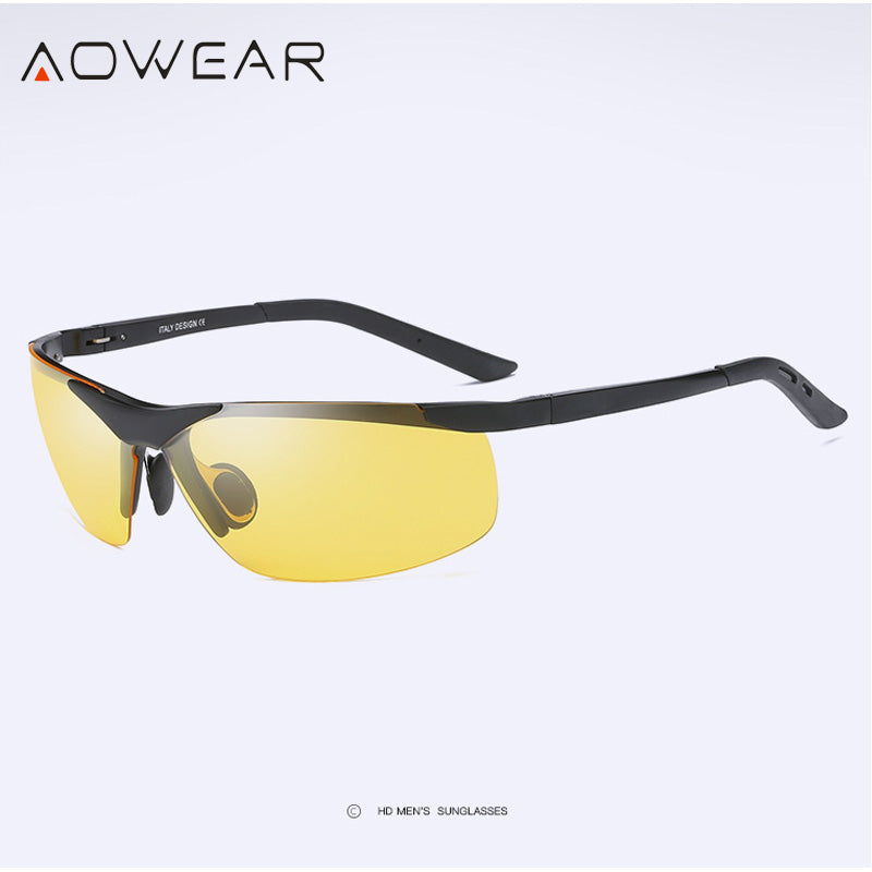 AOWEAR  Polarized Night Vision Glasses for Men Aluminum Yellow Big Sports Style Car Driver Sunglasses for Night Driving