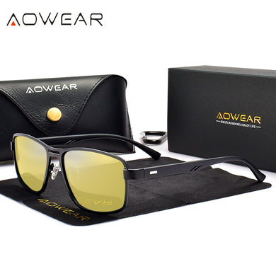 AOWEAR Men's Square Polarized Sunglasses Men Rectangle Car Driver Retro Sun Glasses Night Vision Yellow Glasses for Men / Women